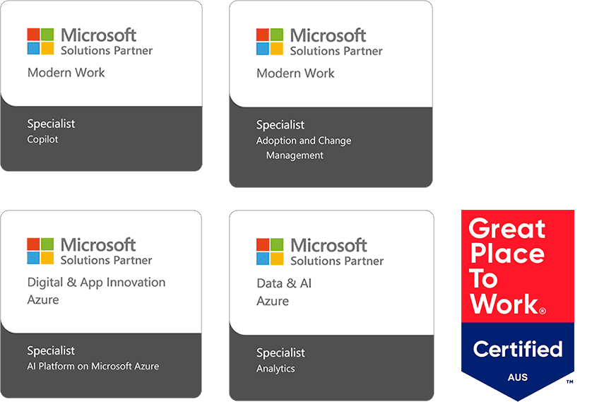Antares Microsoft Solutions Partner specialisations and Great Place To Work certification badges