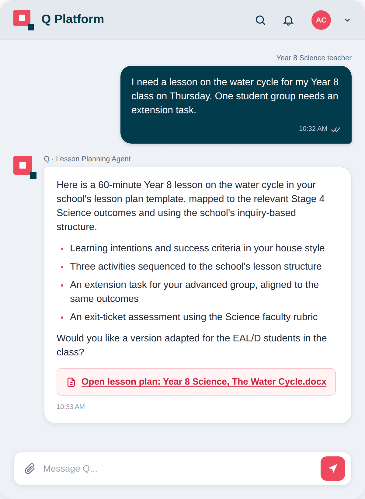 Q Platform chat: a Year 8 Science teacher asks for a water cycle lesson and the Lesson Planning Agent returns a 60-minute lesson in the school's template