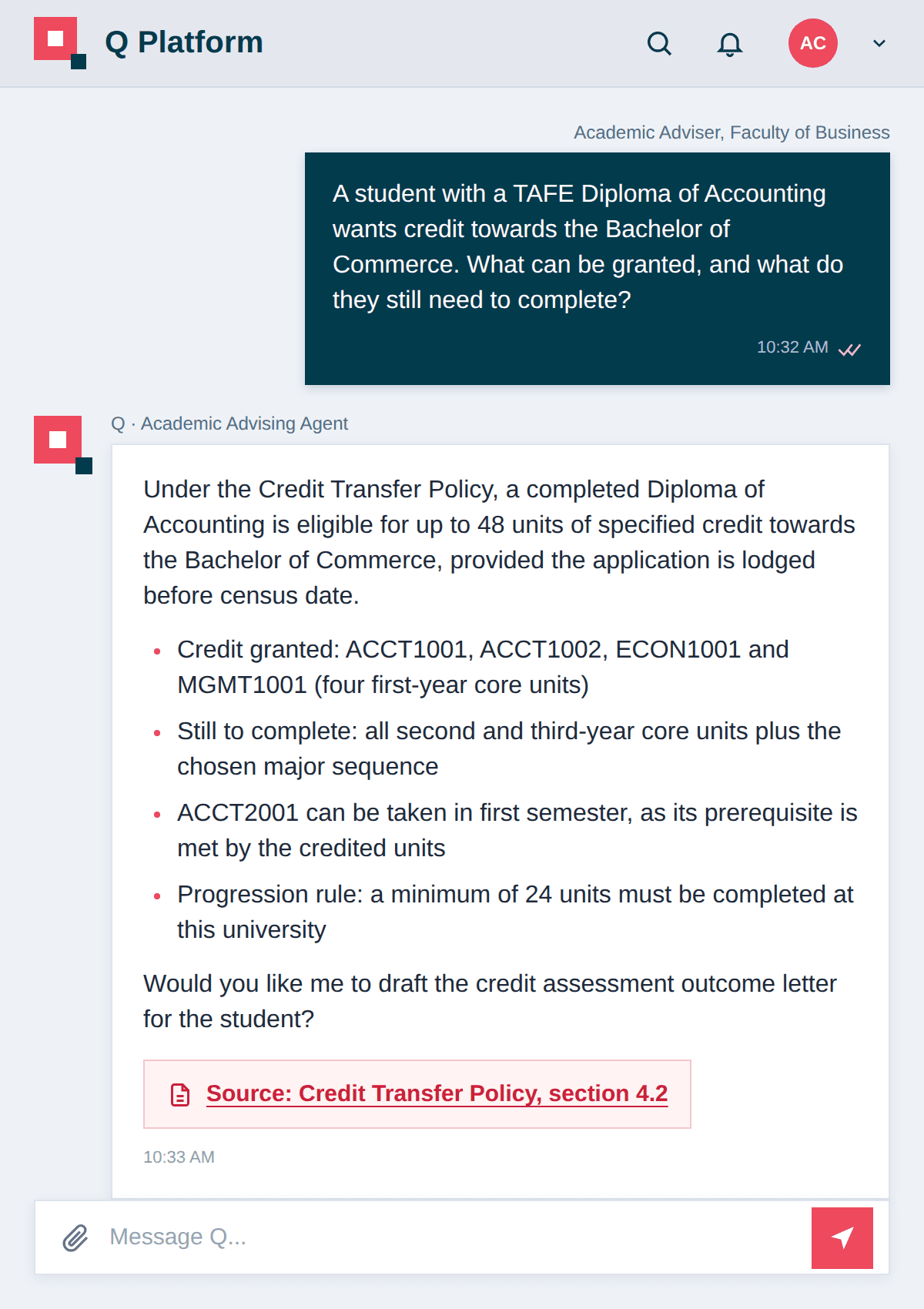 Q Platform chat: an academic adviser asks what credit a TAFE Diploma of Accounting earns towards the Bachelor of Commerce, and the Academic Advising Agent answers from the Credit Transfer Policy with the units granted, the units still to complete and the source cited