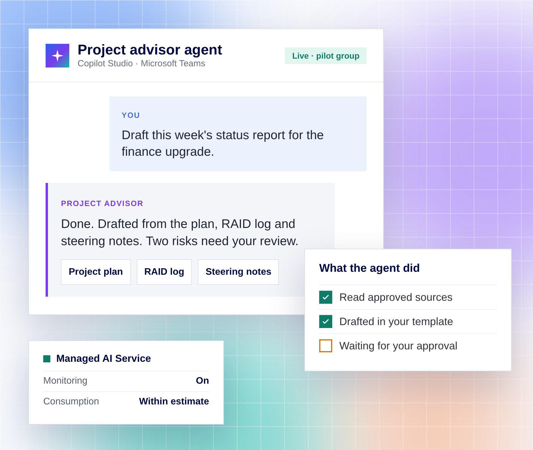 A project advisor agent in Microsoft Teams drafting a status report from the project plan, RAID log and steering notes, with its steps and Managed AI Service status shown